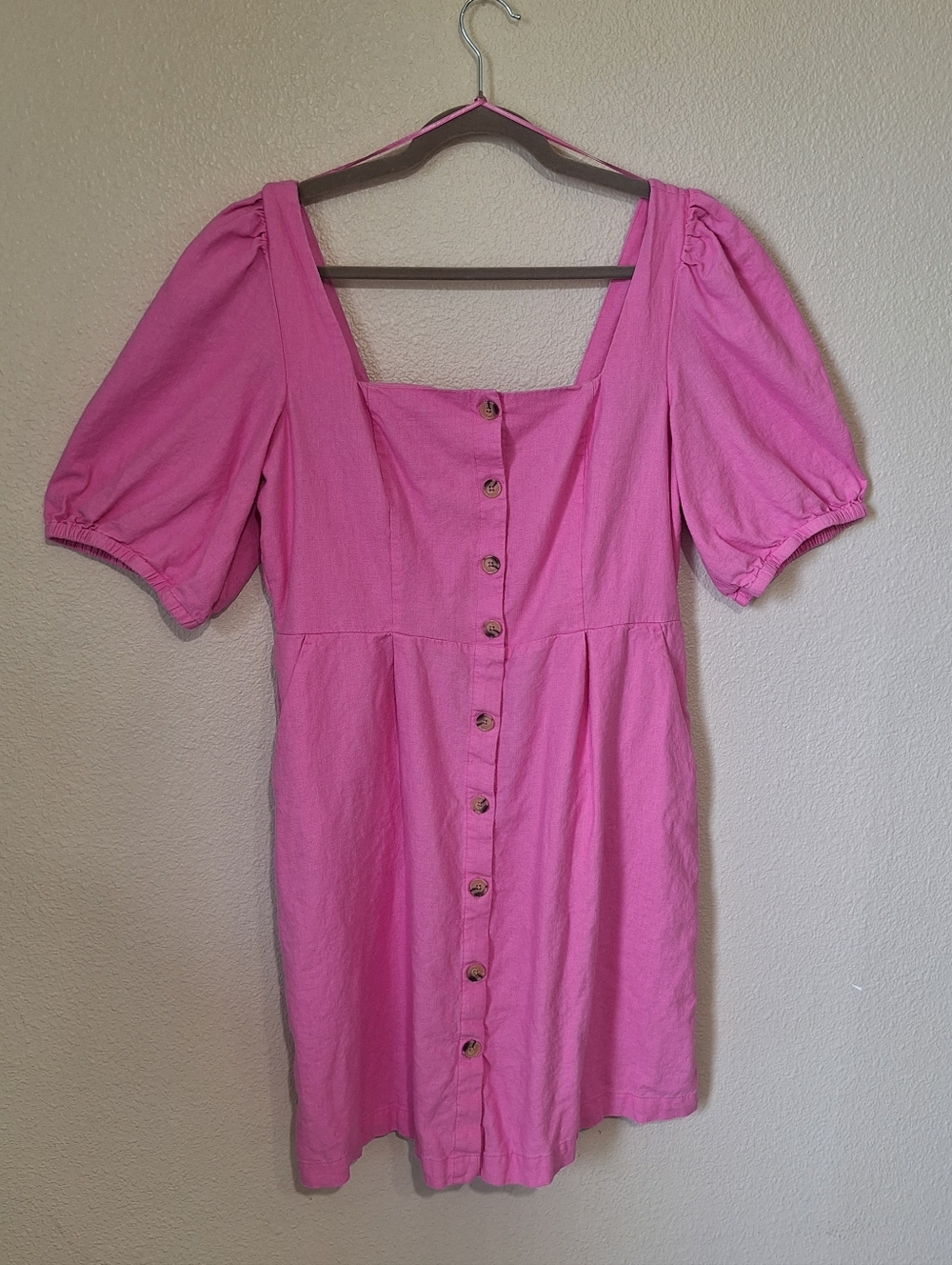 Old Navy Pink Linen Blend Dress Large Tall Puff Sleeve Smocked Back Button Front